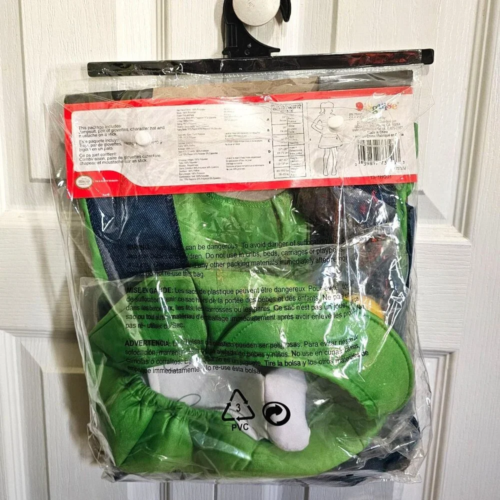 Luigi Costume Girls Tween 14-16 Mustache Stick Gloves Hat Jumpsuit Super Mario